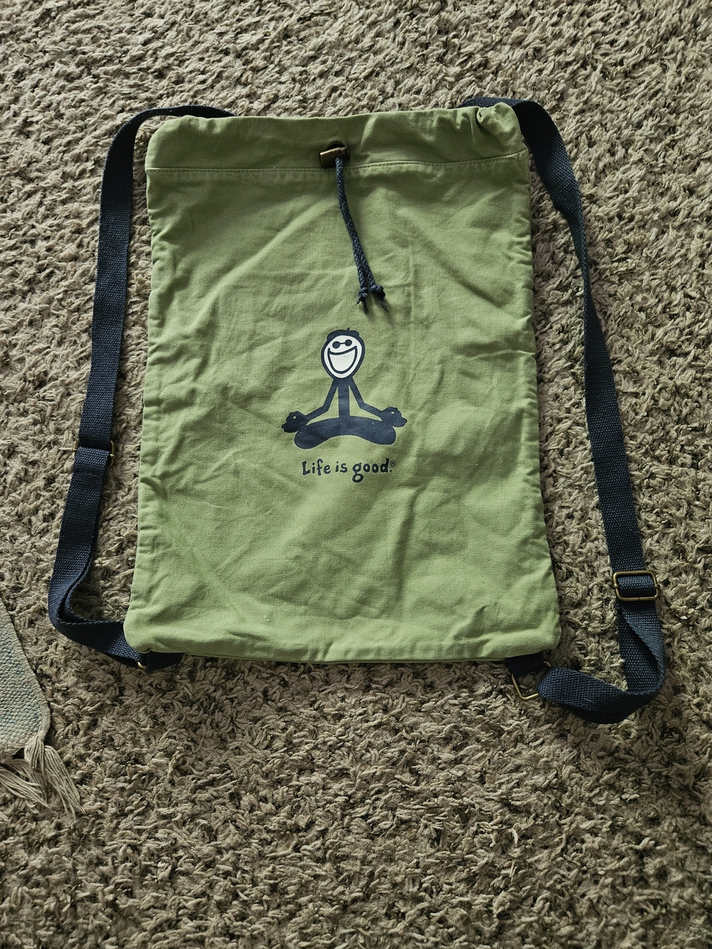 Life Is Good Olive Green Drawstring Canvas Backpack
